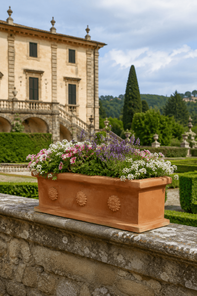 Pflanzkasten Terracotta mit Rosette - Cassetta Borchie
